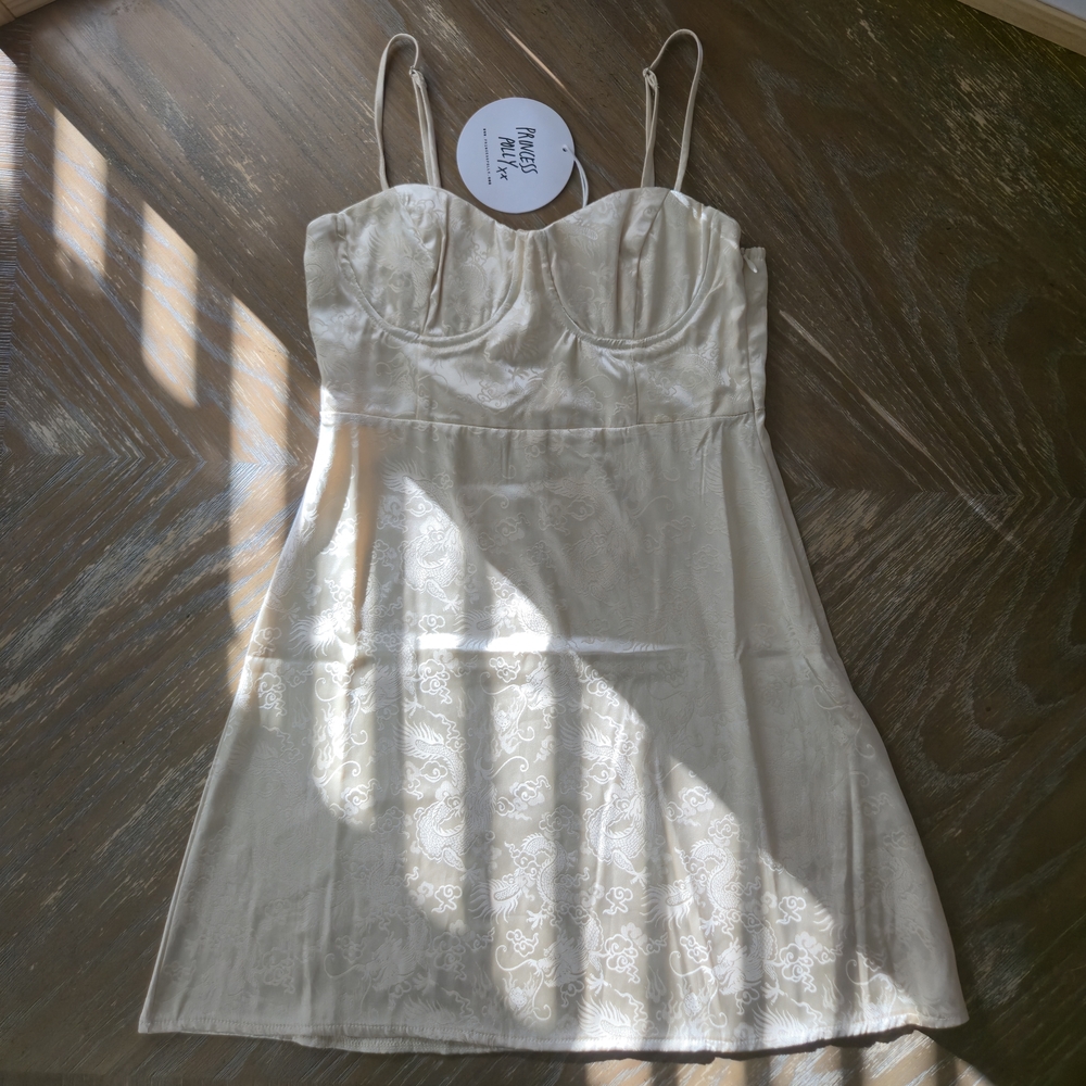 Princess Polly Dragon Brocade Mini Dress | Champagne Satin Bustier Slip Sz 4